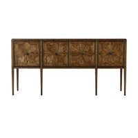 Front view, oak four door buffet with intricate design.