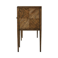 Side view, oak four door buffet, leg and pattern detail.