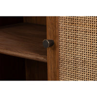 Close-up of credenza handle and cane paneling.