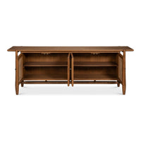 Oak Credenza with doors open, showing shelves.