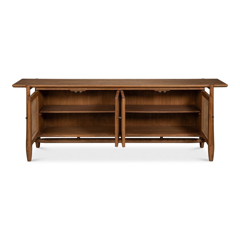 Oak Credenza with doors open, showing shelves.