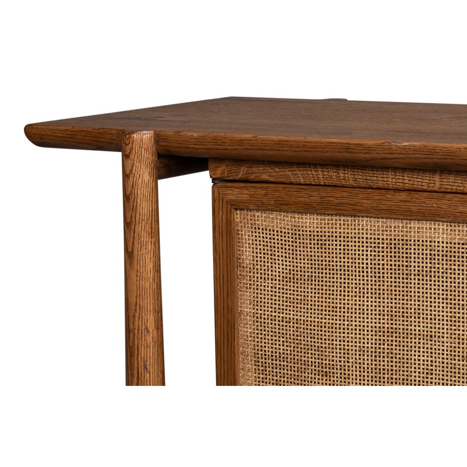 Corner detail of Oak Mid Century Modern Credenza.