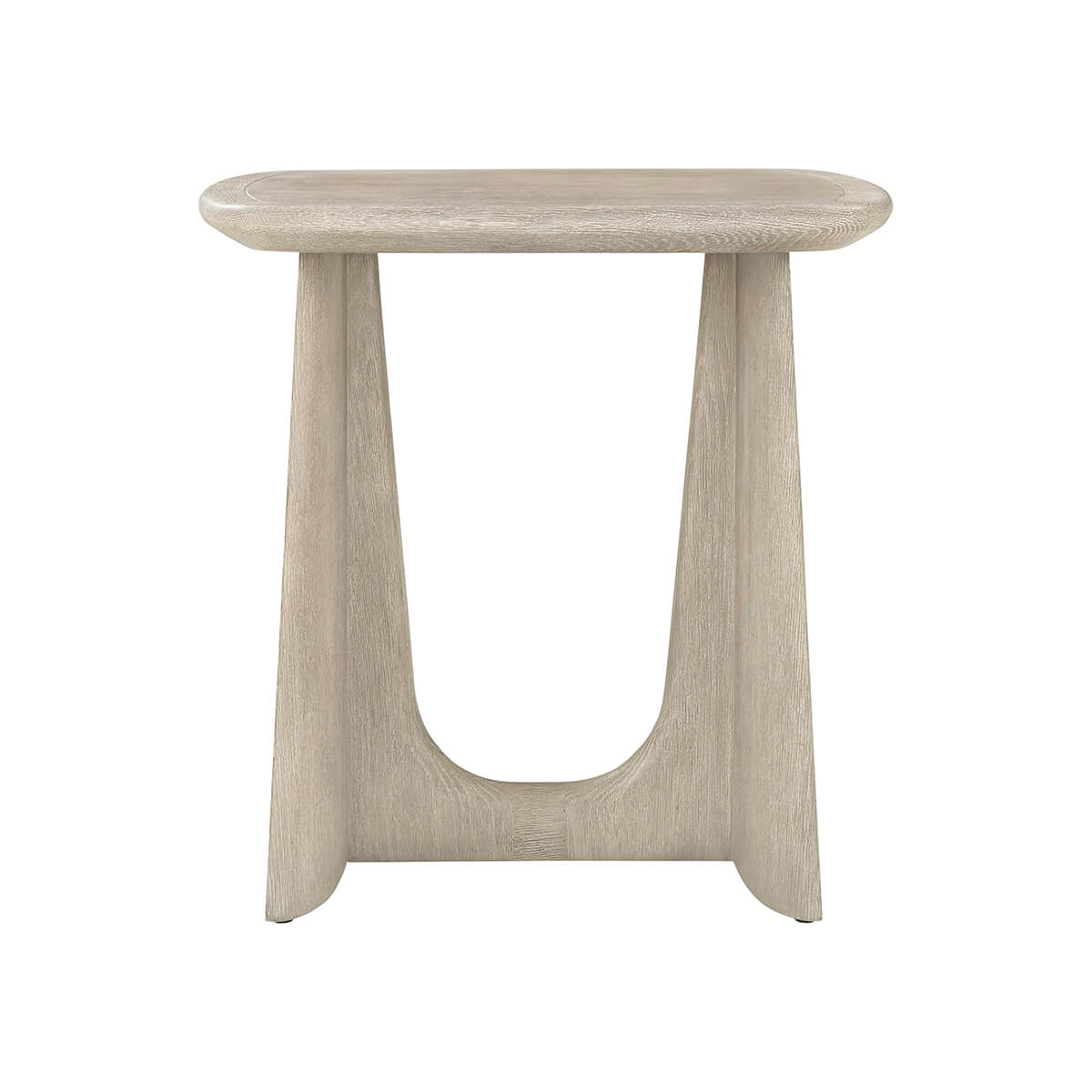 Oak modern side table, front view, sculptural base.