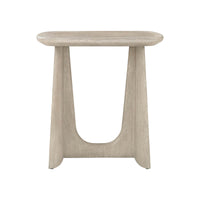 Oak modern side table, front view, sculptural base.