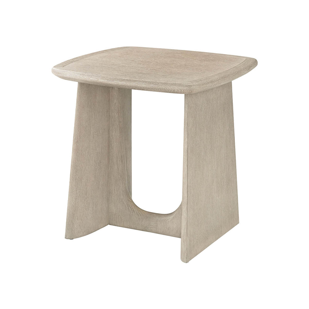Oak modern side table, three-quarter view, wooden finish.