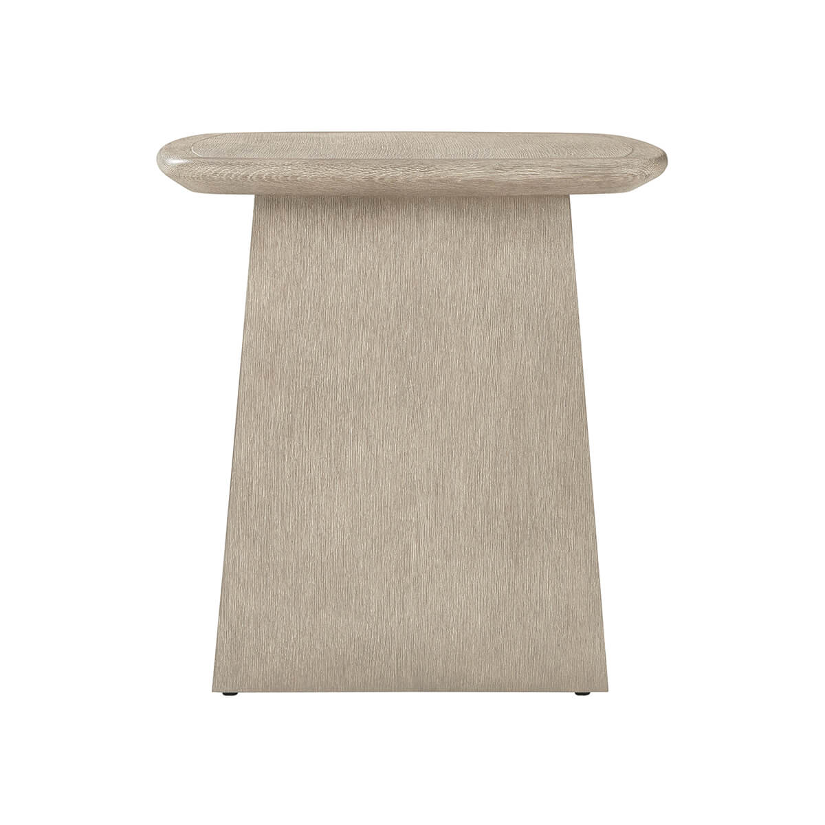 Oak modern side table, side view, angled design.