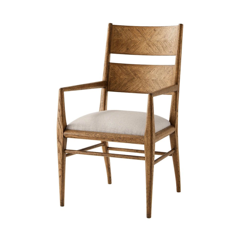 Oak parquetry dining arm chair front view.
