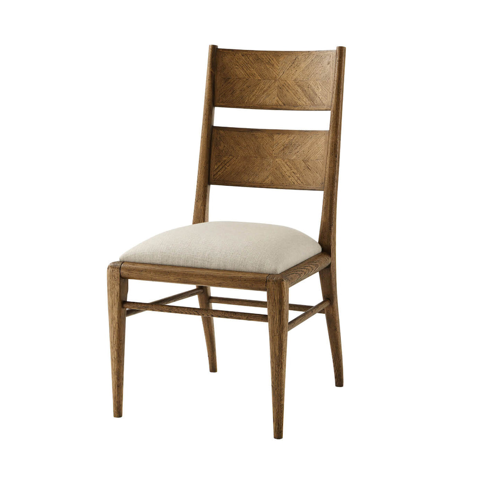 Front view of oak parquetry dining chair.