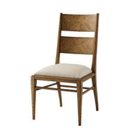 Front view of oak parquetry dining chair.