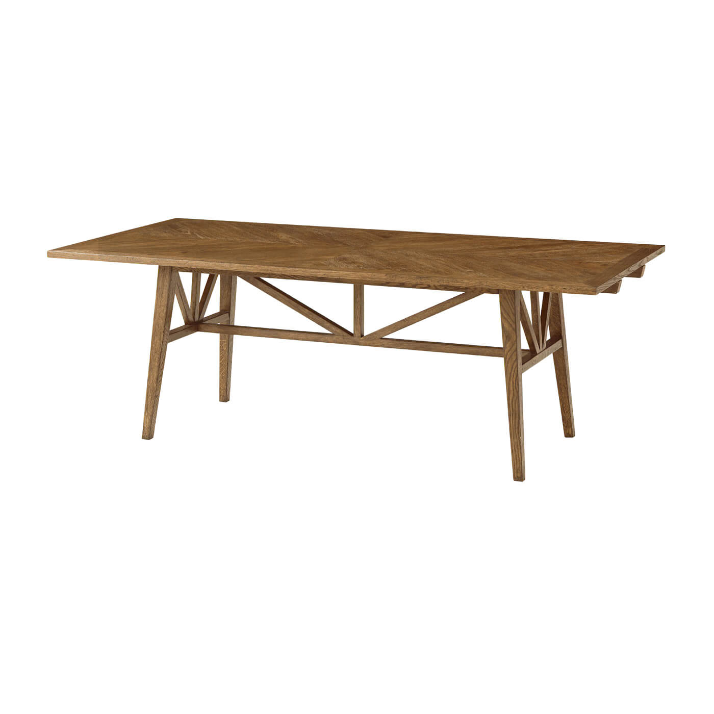 Oak dining table without extension leaves, angled view.