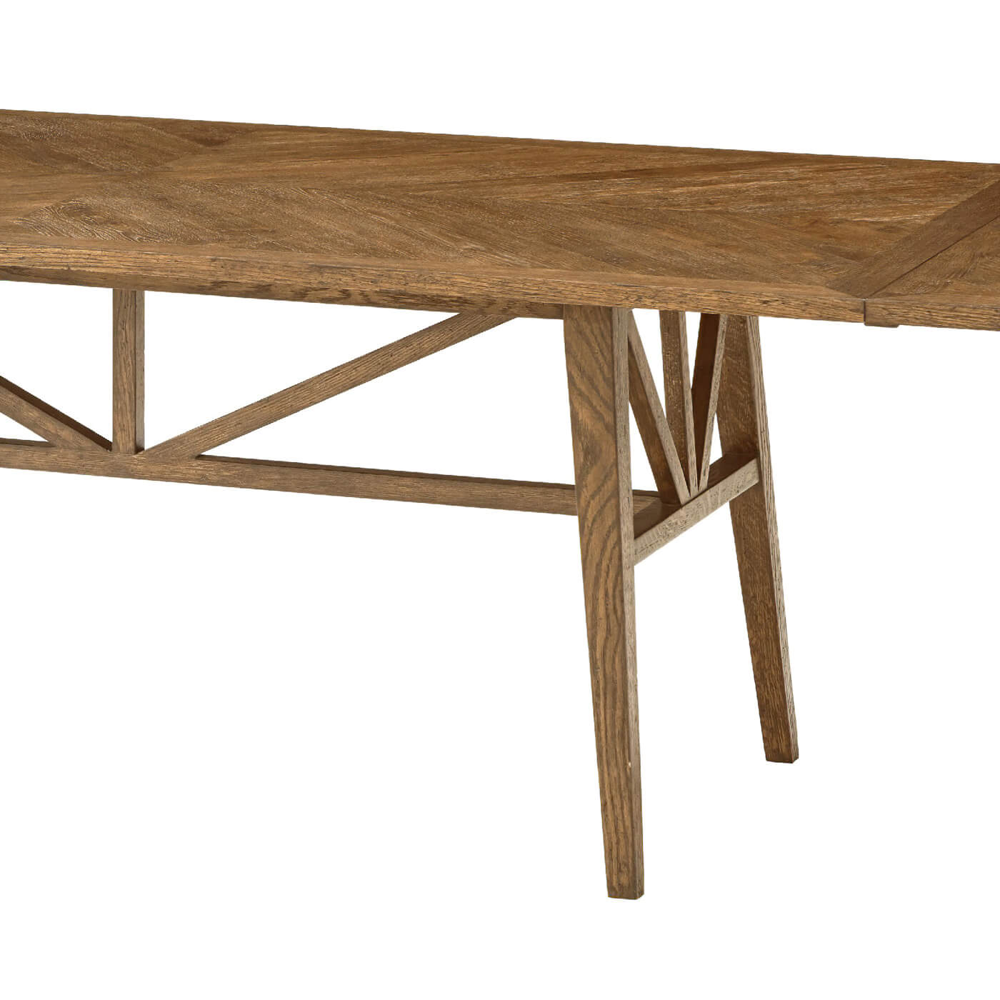 Close-up of oak dining table legs and design.