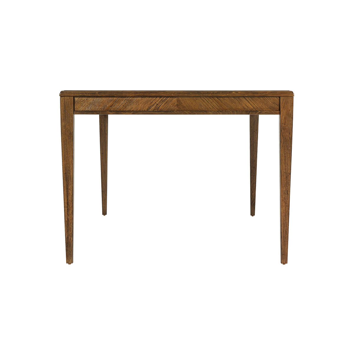 Oak dining table from side view, highlighting legs.