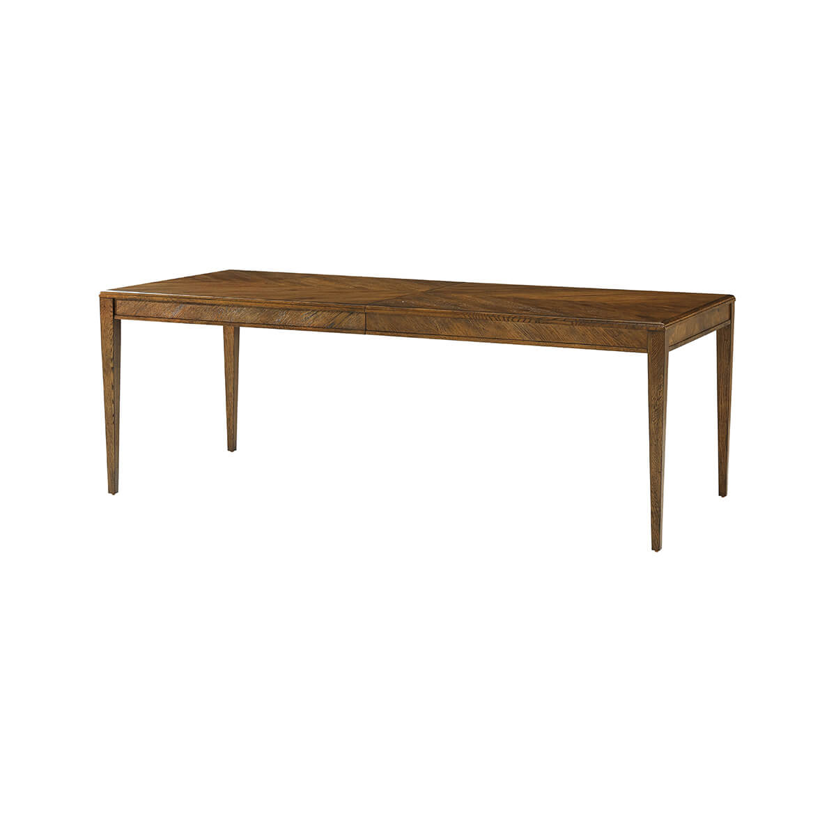 Oak dining table, three-quarter view, alternate angle.