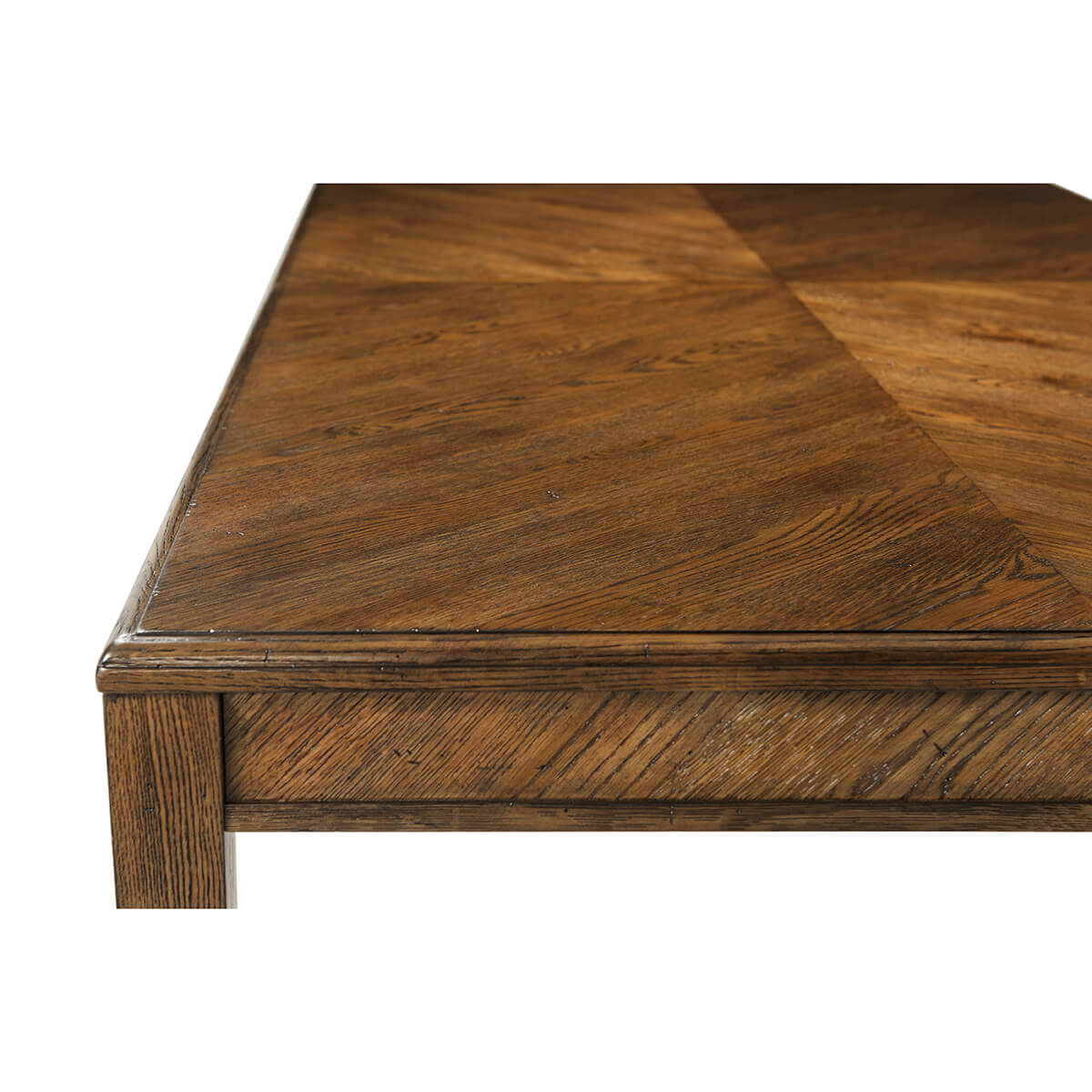 Detailed view of oak dining tabletop, highlighting texture.