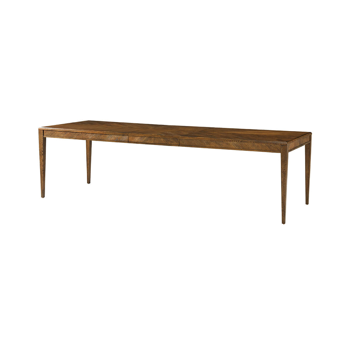 Oak dining table in three-quarter view, angled perspective.