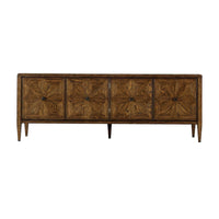 Front view of oak parquetry media cabinet.