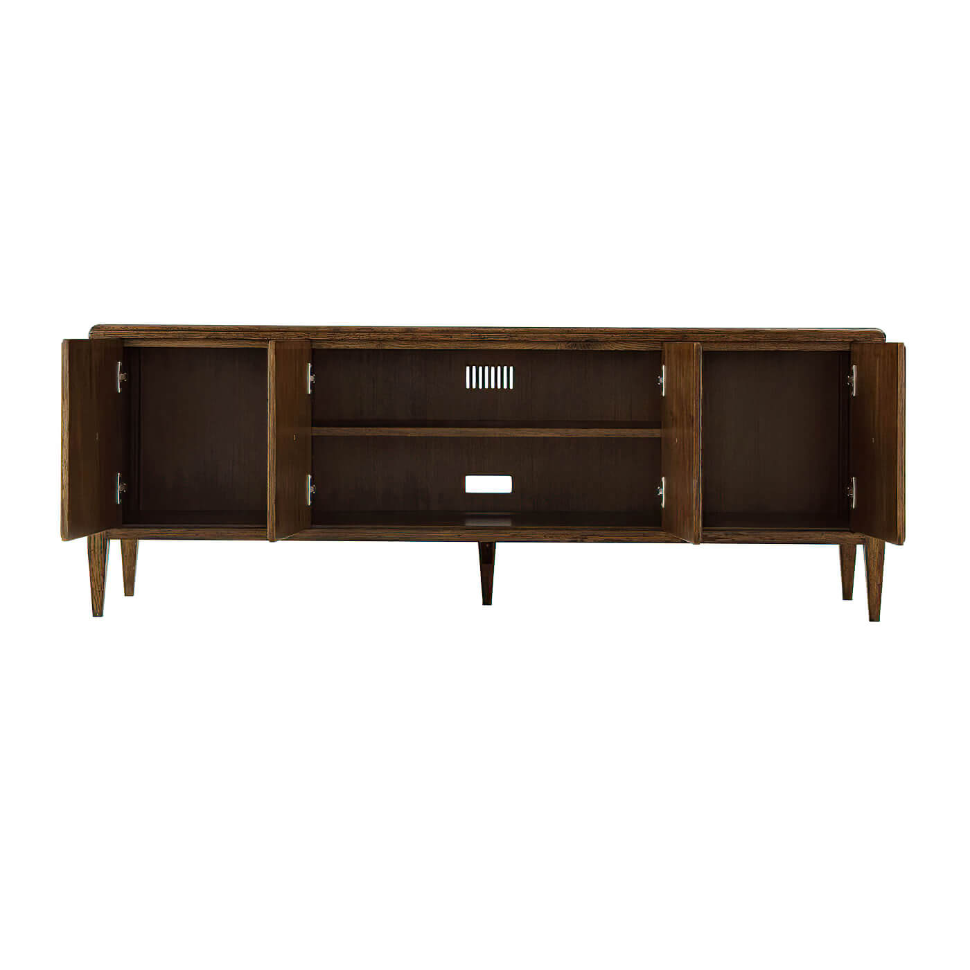 Open oak media cabinet with visible shelving.