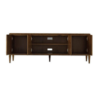 Open oak media cabinet with visible shelving.
