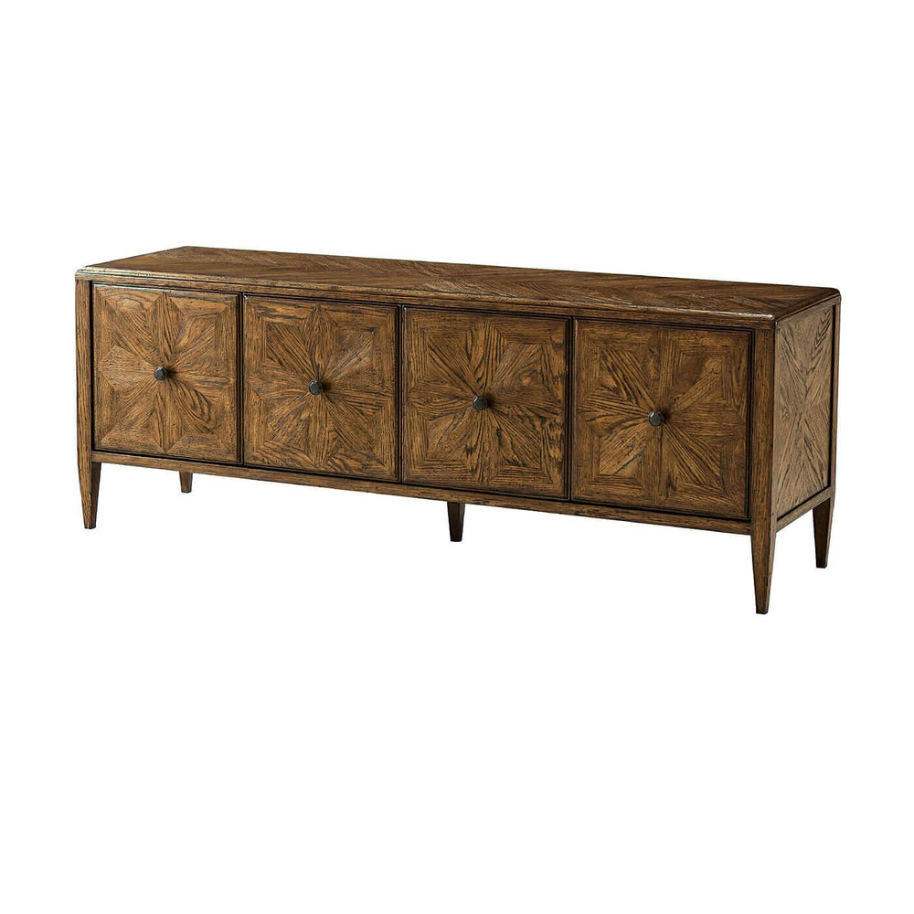 Oak parquetry media cabinet with four doors, angled view.
