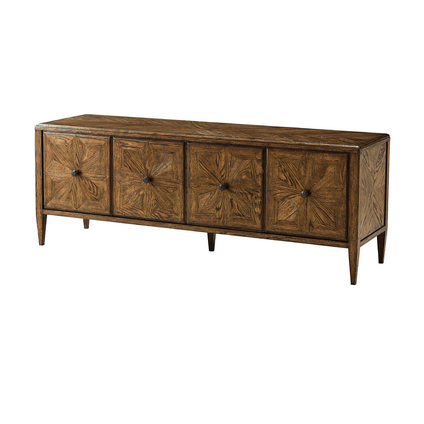 Oak parquetry media cabinet with four doors, angled view.