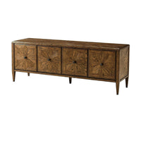 Oak parquetry media cabinet with four doors, angled view.