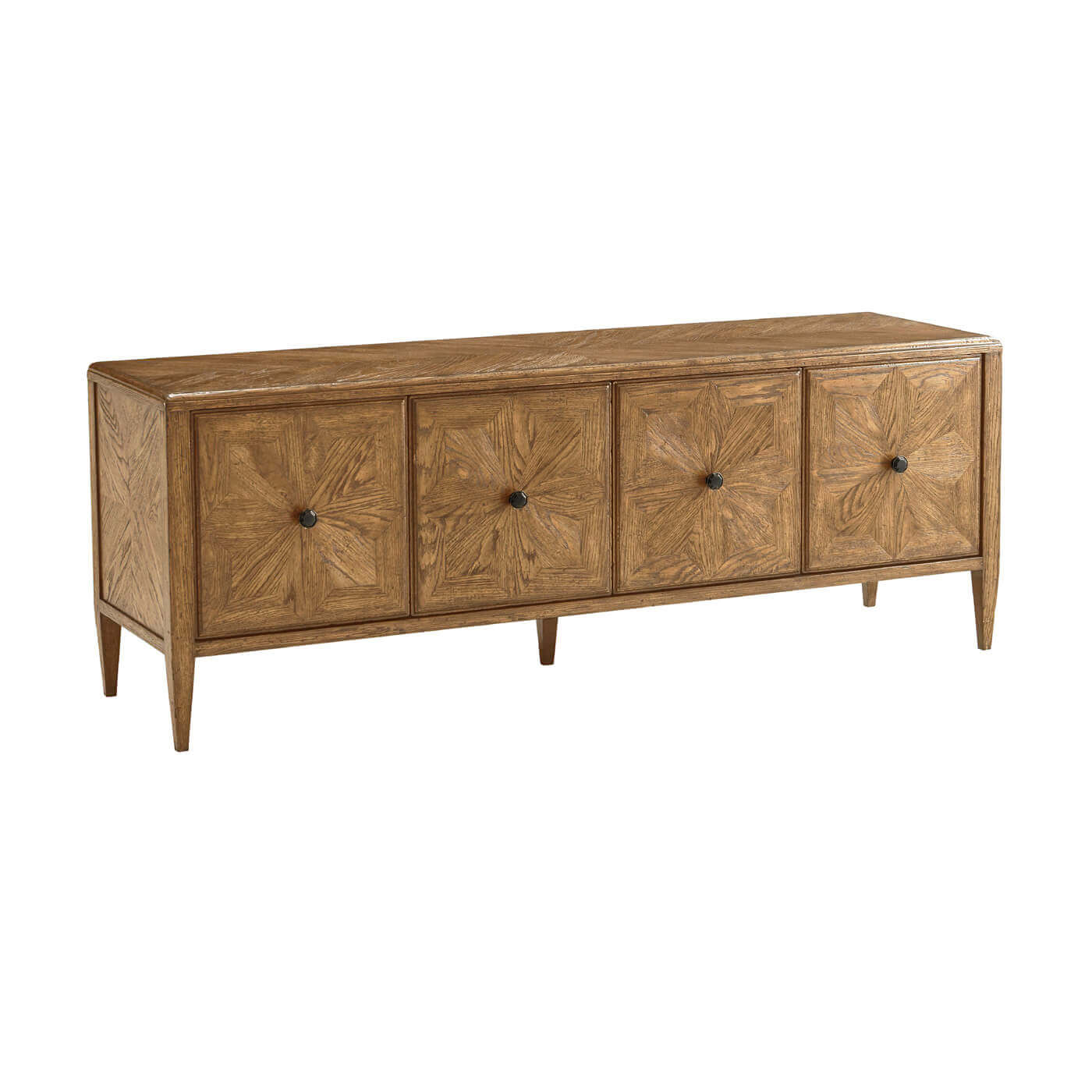 Full view of oak media cabinet from front angle.