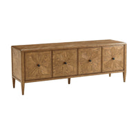 Full view of oak media cabinet from front angle.