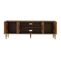 Interior of oak media cabinet, doors open, shelves visible.