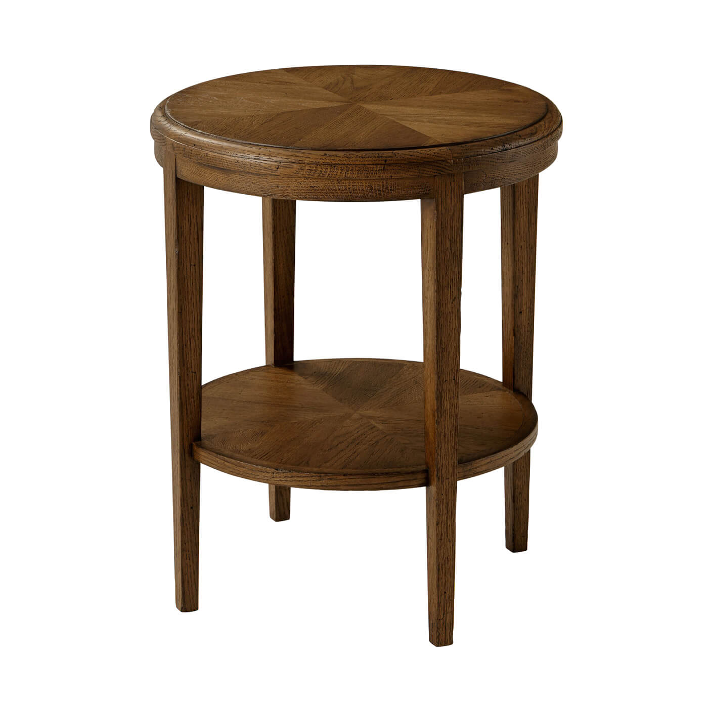 Oak side table in living room setting, angled view.