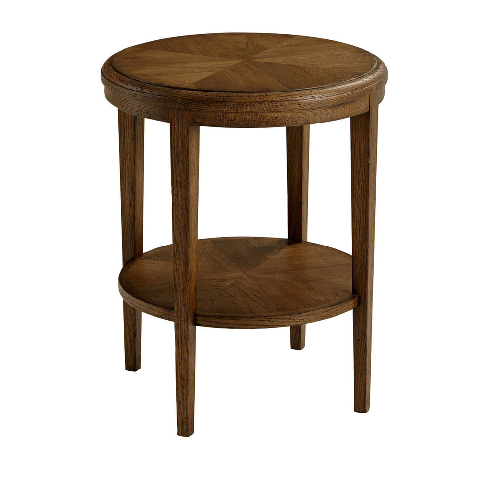 Dark oak round side table, full view with top.