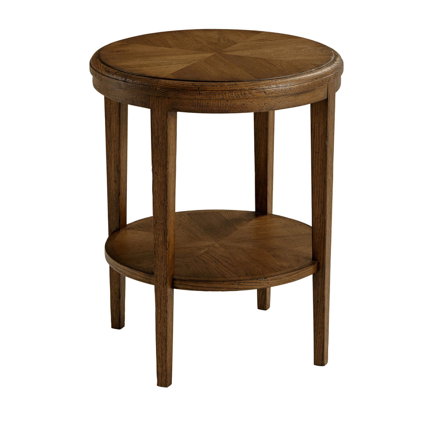 Dark oak round side table, full view with top.