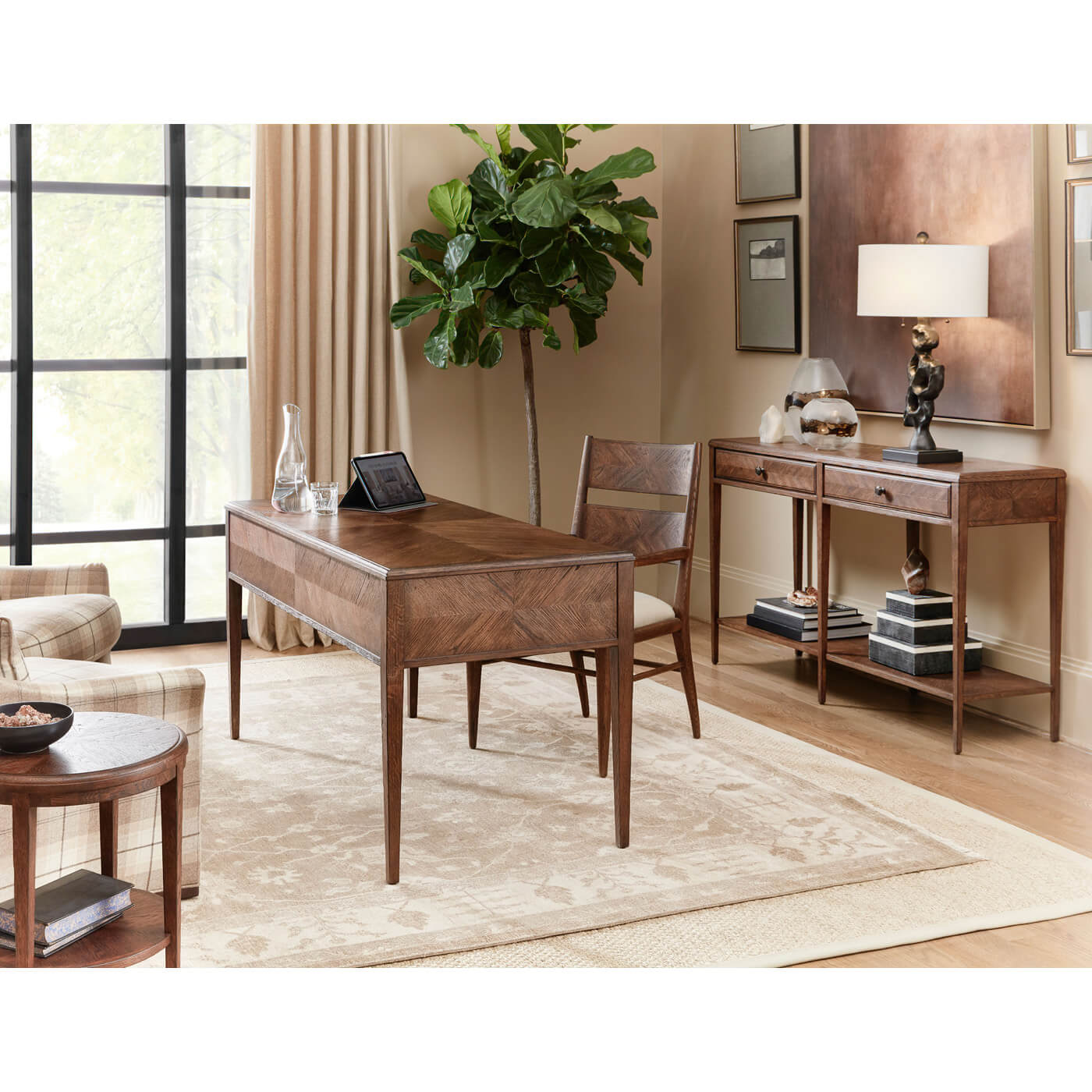 Elegant room with oak furniture, side table visible.