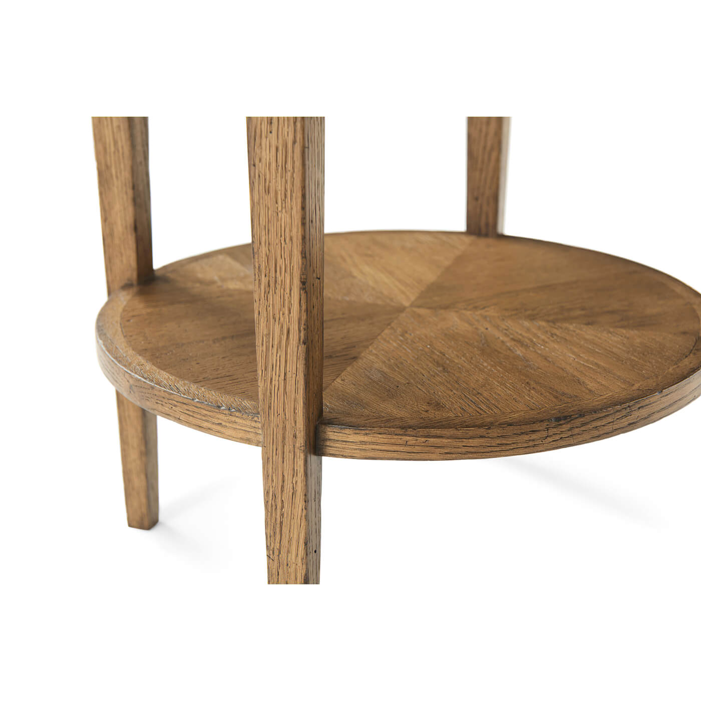 Lower shelf close-up, round oak design features.