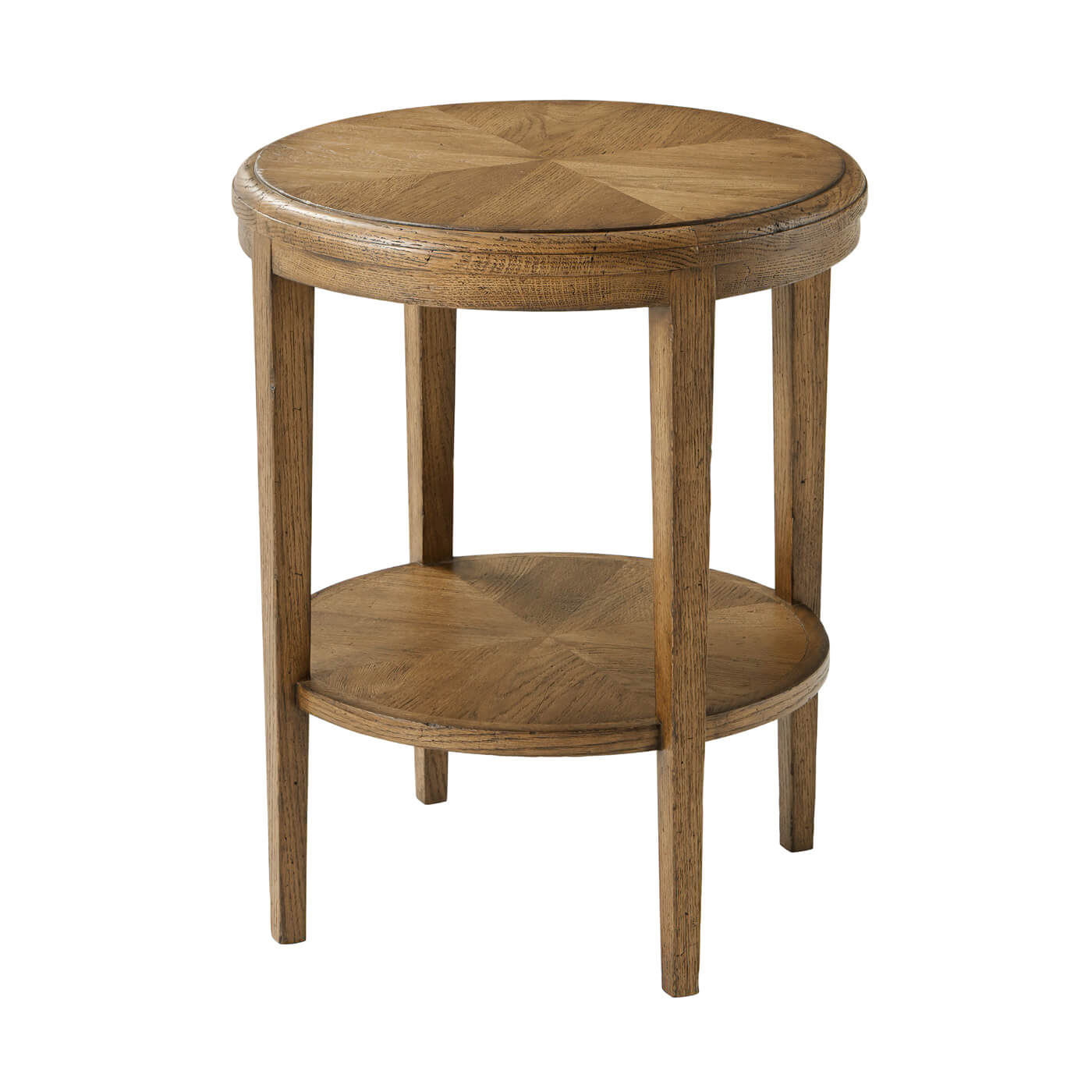 Round oak side table with lower shelf, angled view.