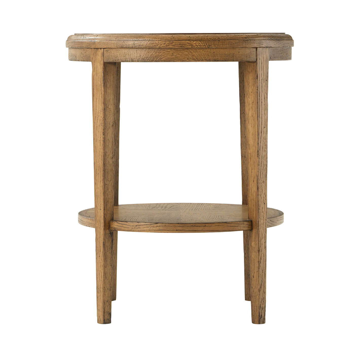 Side view of oak table showcasing structure and shelves.