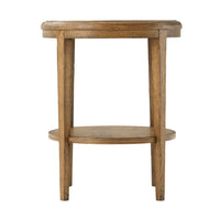 Side view of oak table showcasing structure and shelves.