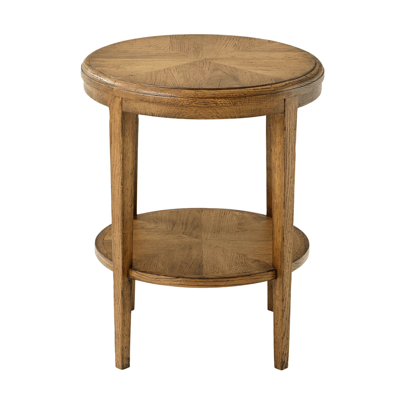 Front view of round oak side table.