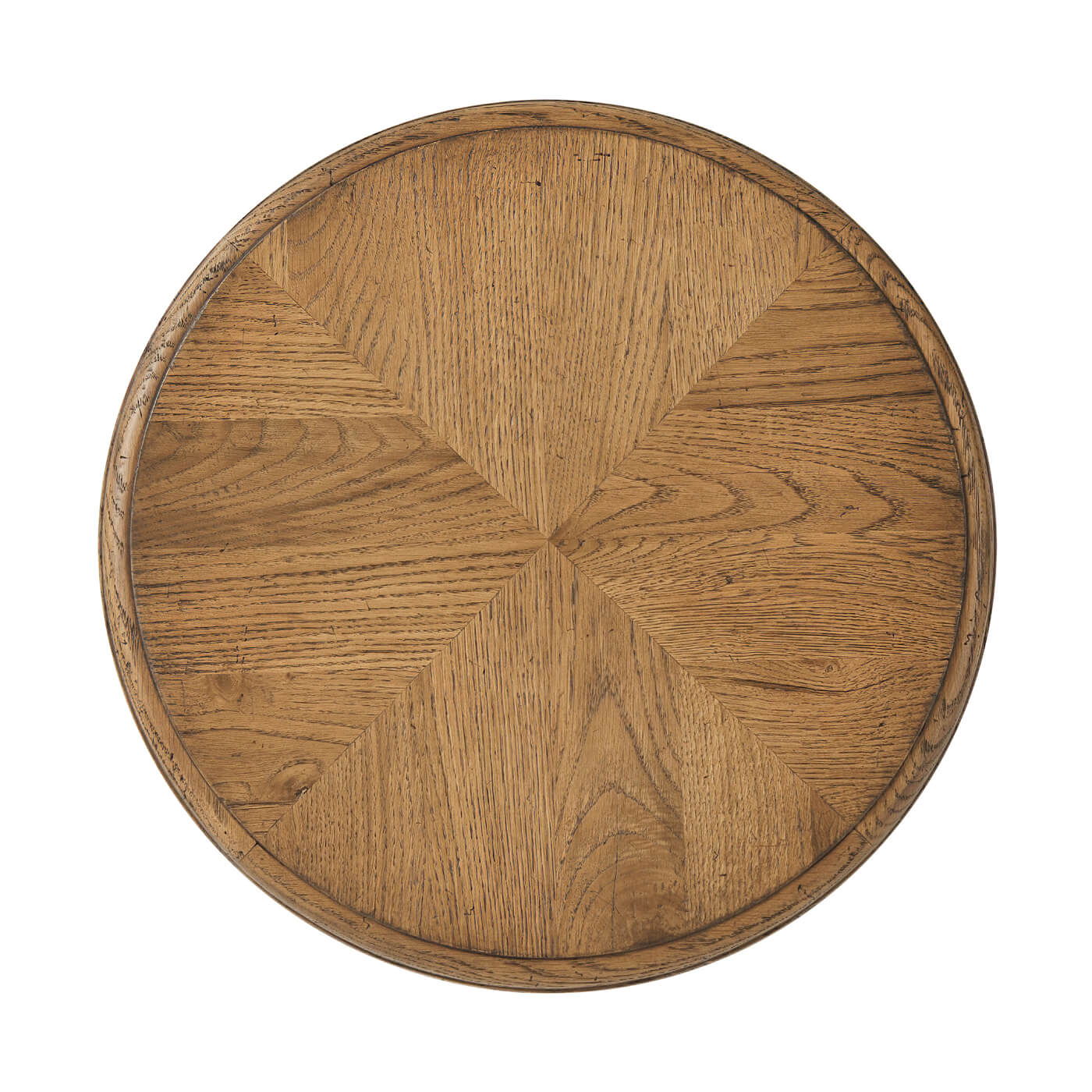 Top view of oak side table, parquetry design.