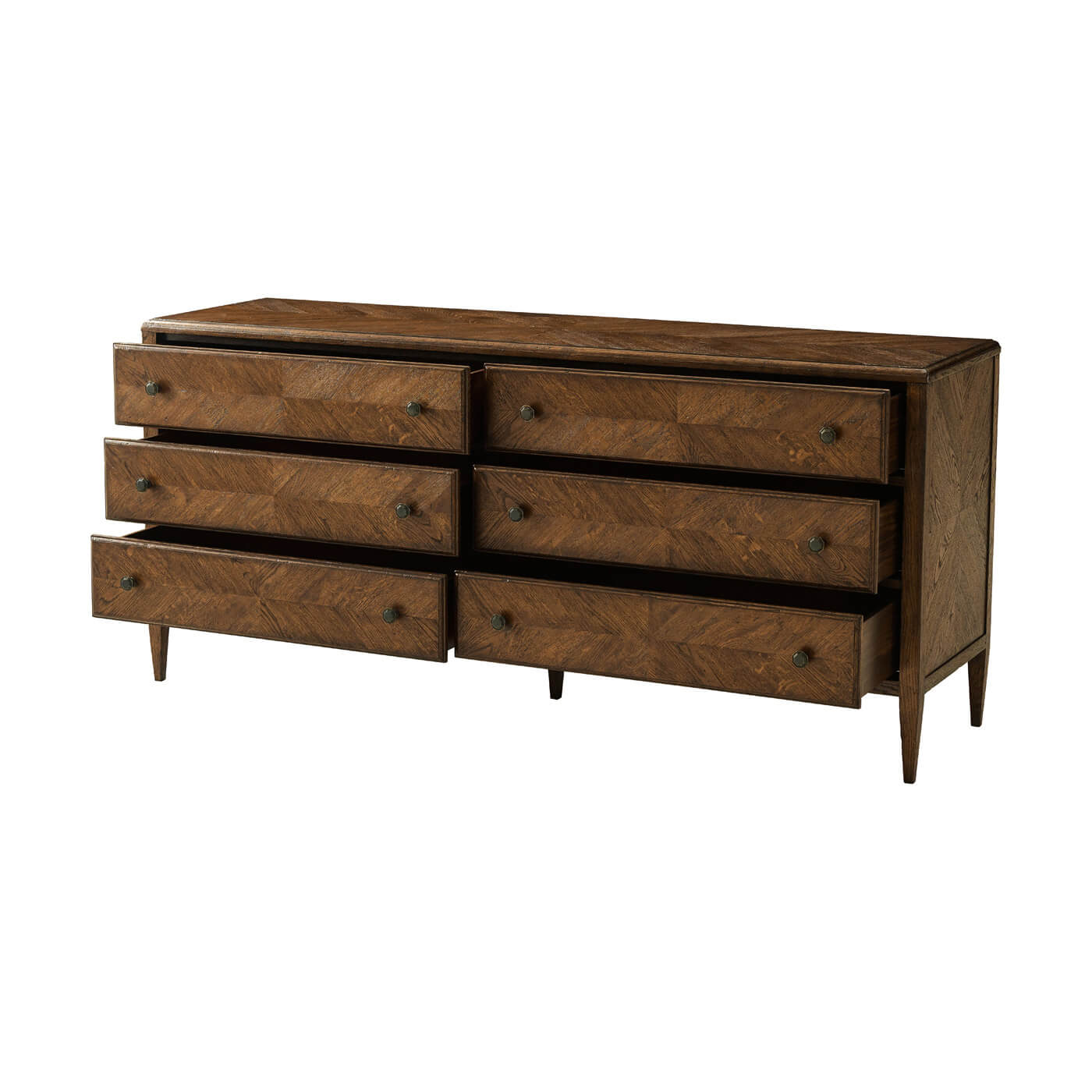 Oak dresser with partially open drawers, angled front view.