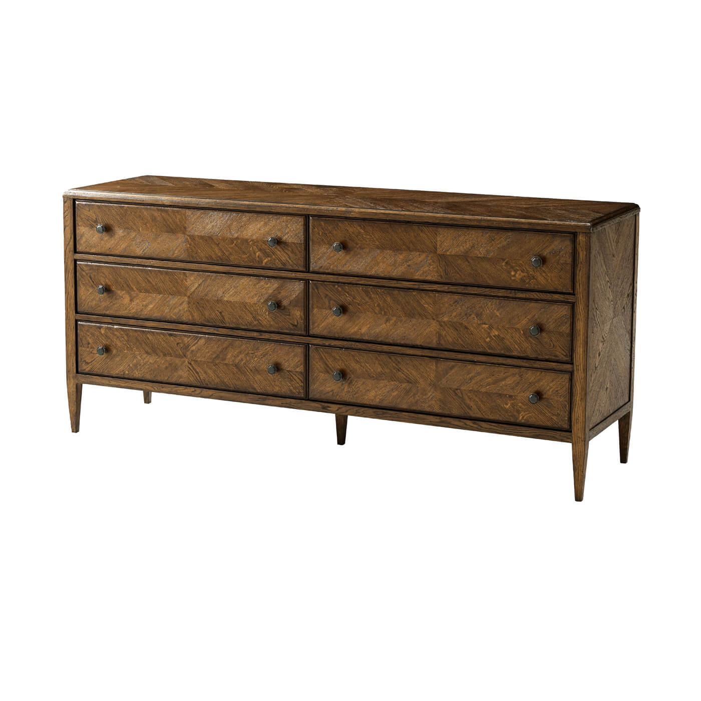 Oak dresser with closed drawers, angled front view.