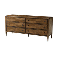 Oak dresser with closed drawers, angled front view.