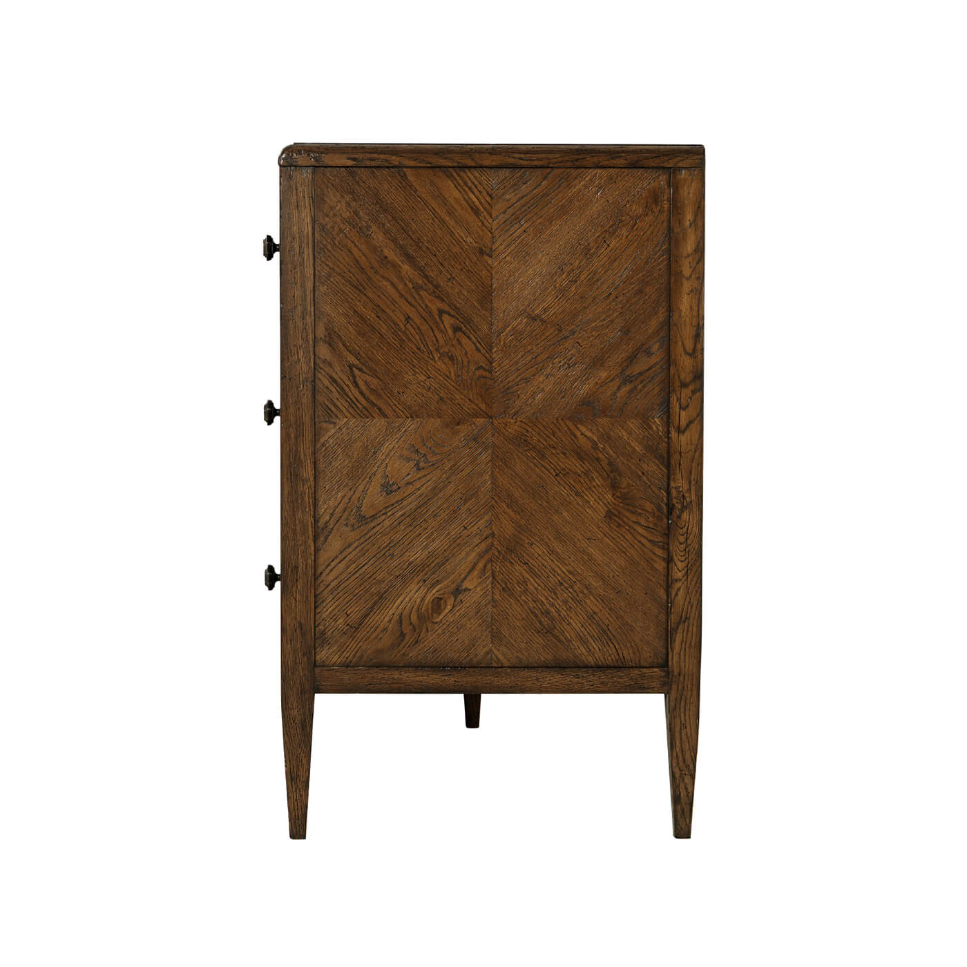 Oak dresser side view, showcasing detailed parquetry.