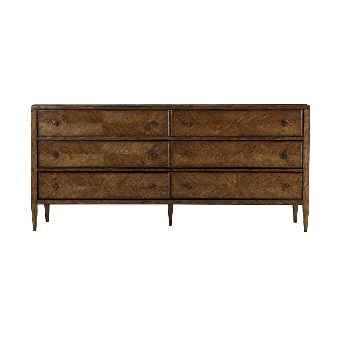 Oak dresser with all drawers closed, straight front view.