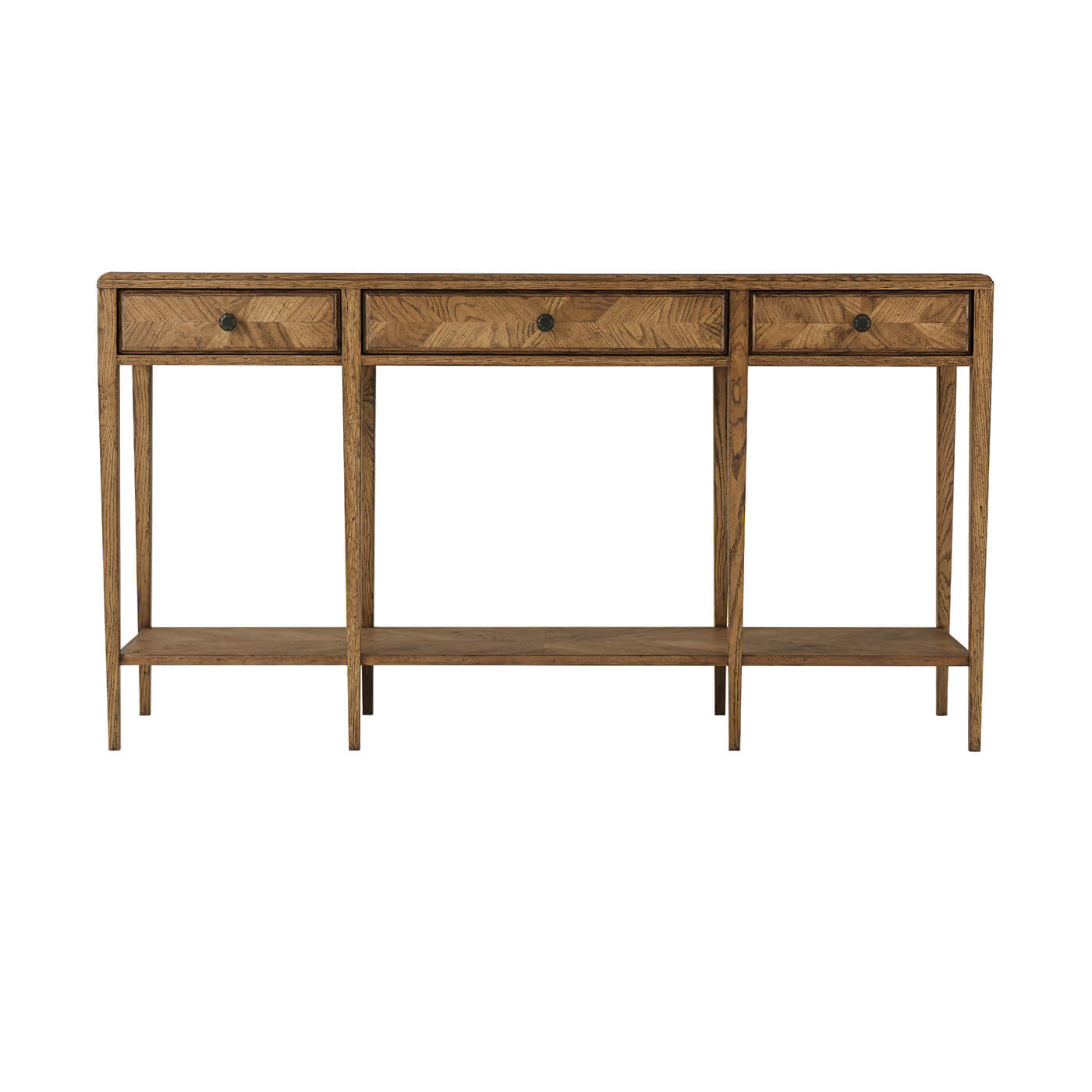 Oak Parquetry console table, front view with drawers.