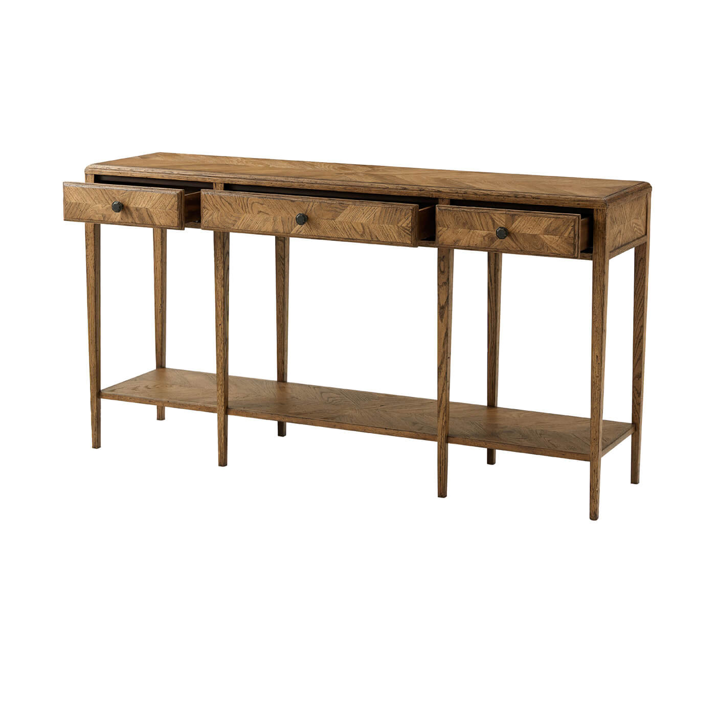 Oak Parquetry console table, open drawers, angled view.