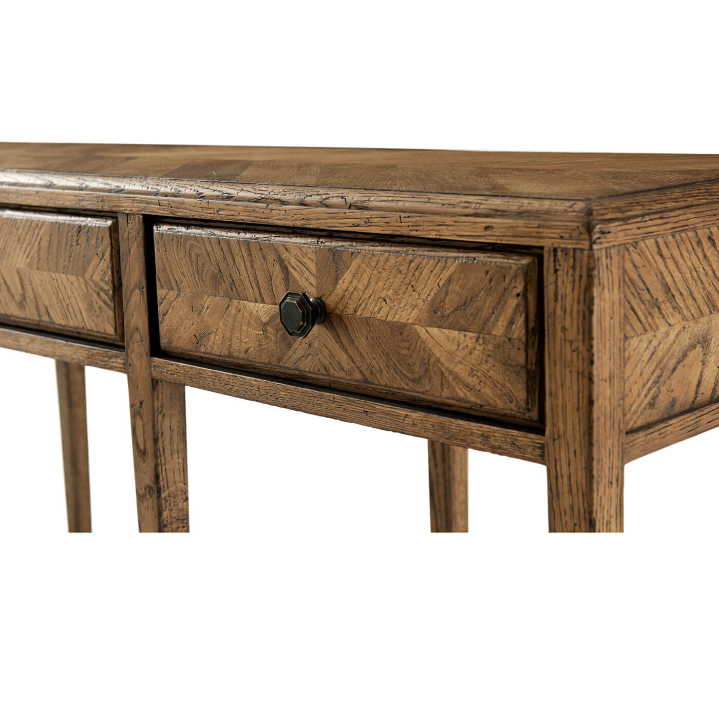 Oak Parquetry console table, close-up of drawer detail.
