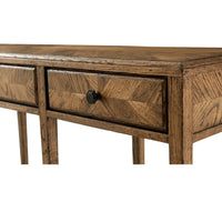 Oak Parquetry console table, close-up of drawer detail.