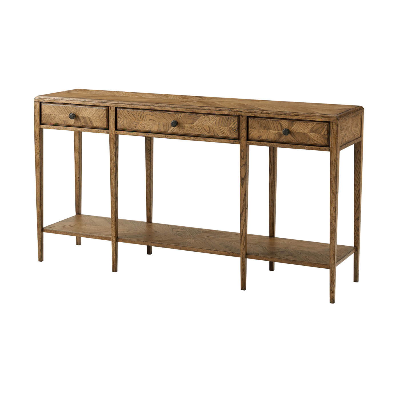Oak Parquetry console table with drawers, side view.