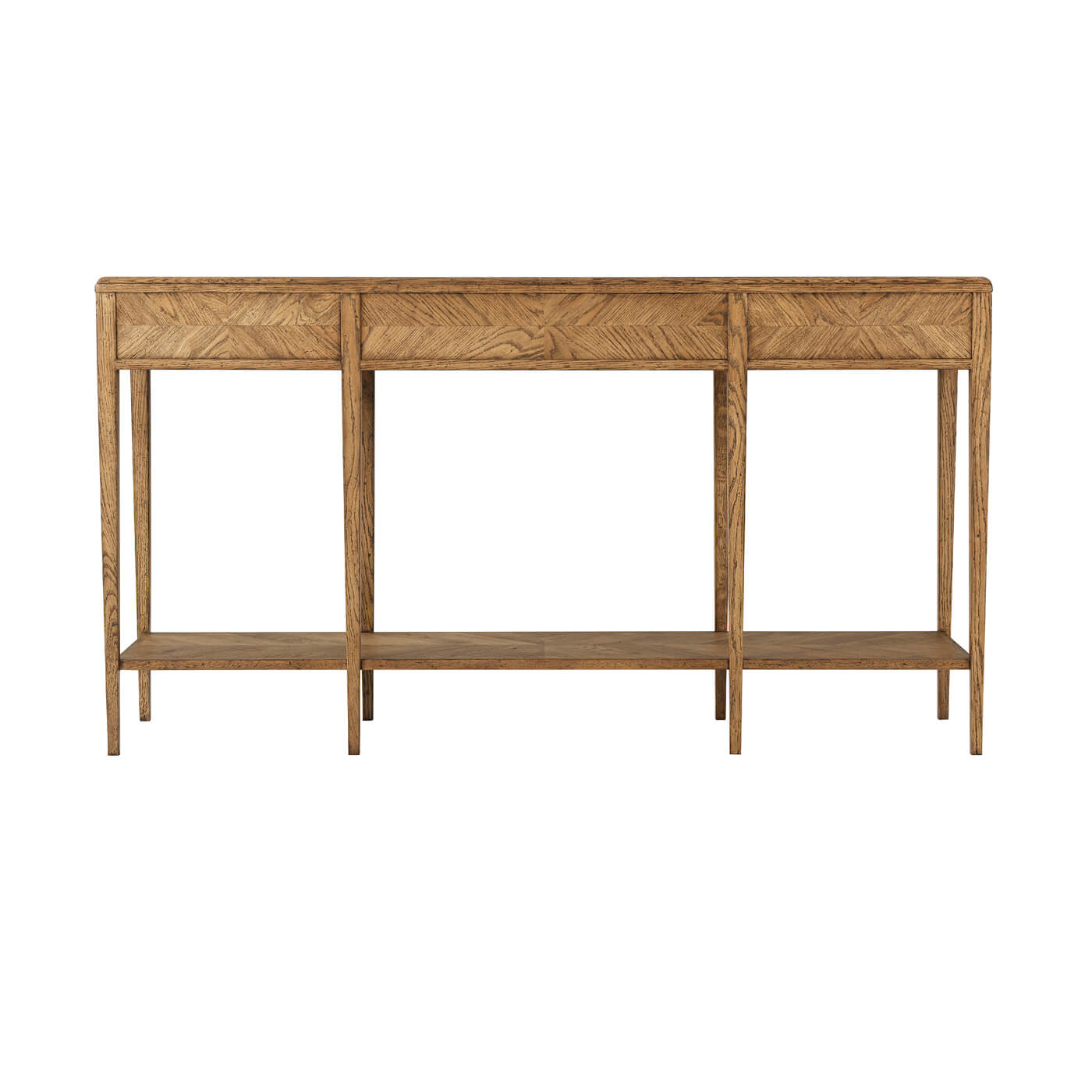 Oak Parquetry console table, front view, drawers closed.