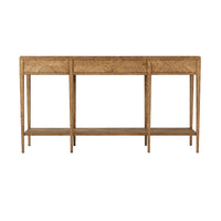 Oak Parquetry console table, front view, drawers closed.